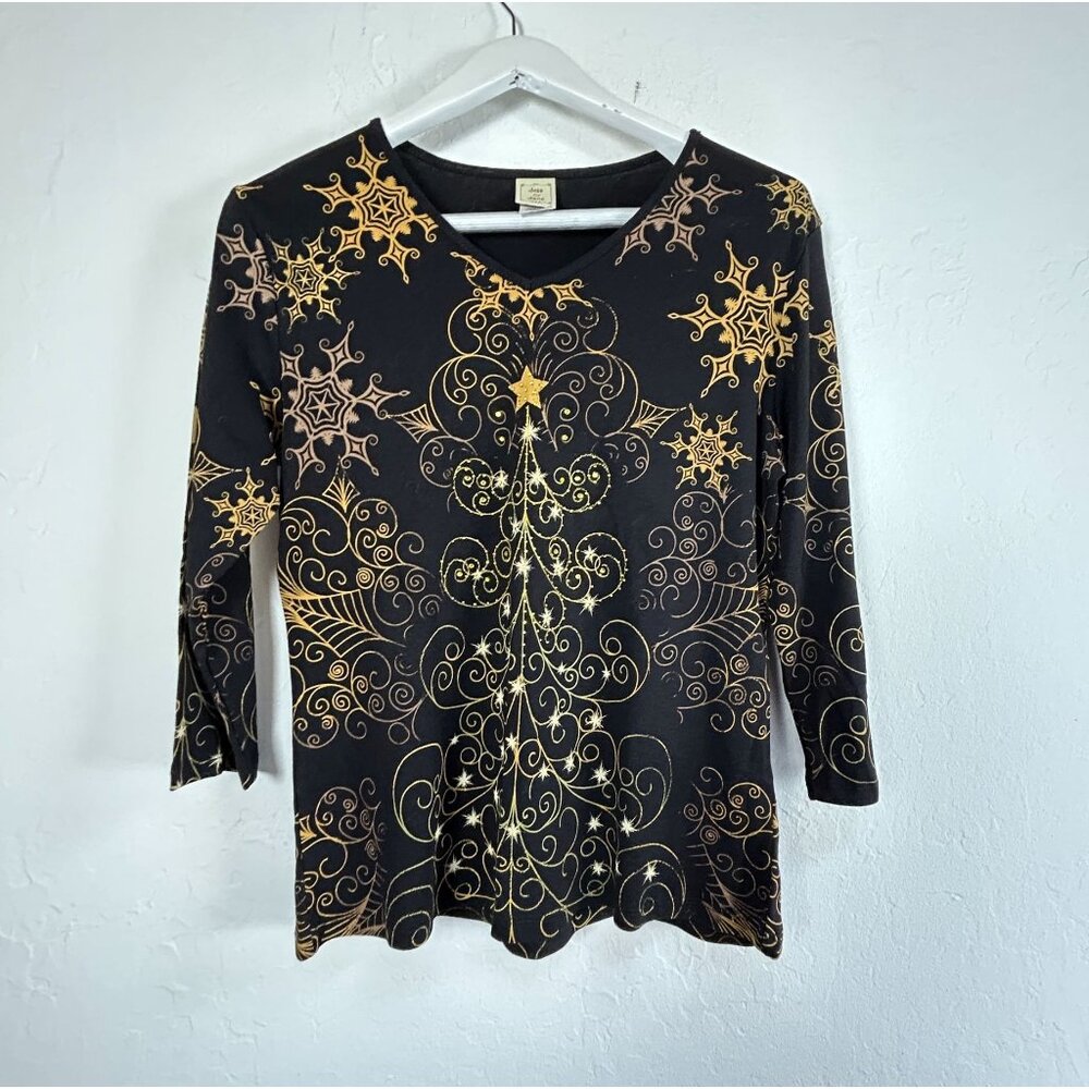 Jess & Jane Women Christmas Star Top Medium Black Gold Cotton 3/4 Sleeve Holiday